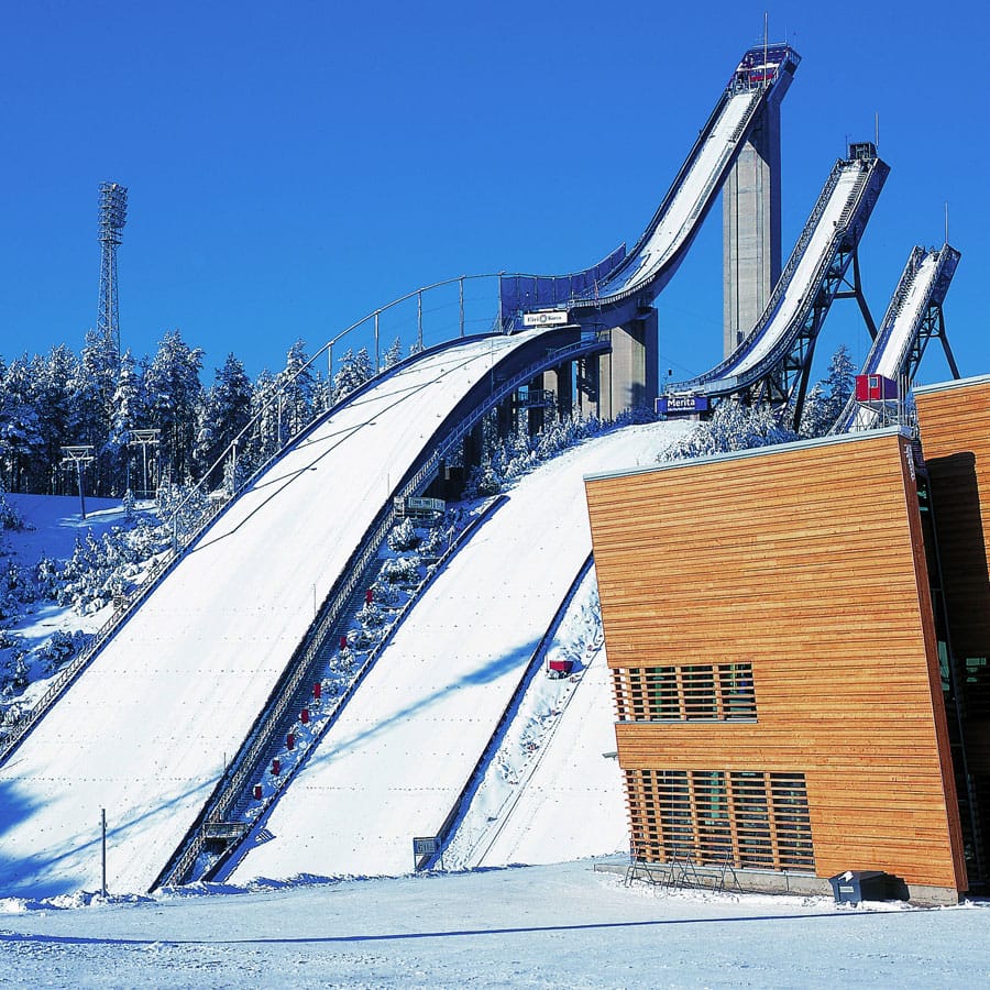 Three ski sumping hill in the winter.