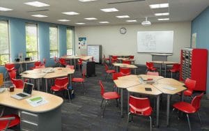 Classroom interior, round tables